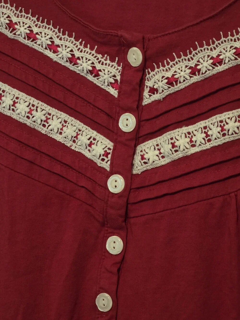 Keyocean 100% Cotton Longsleeve Red Nightgown White Embroidered Detail L EUC